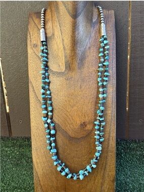 Sterling Silver Multi Strand Blue Turquoise Nuggets Bead Necklace 30 inch